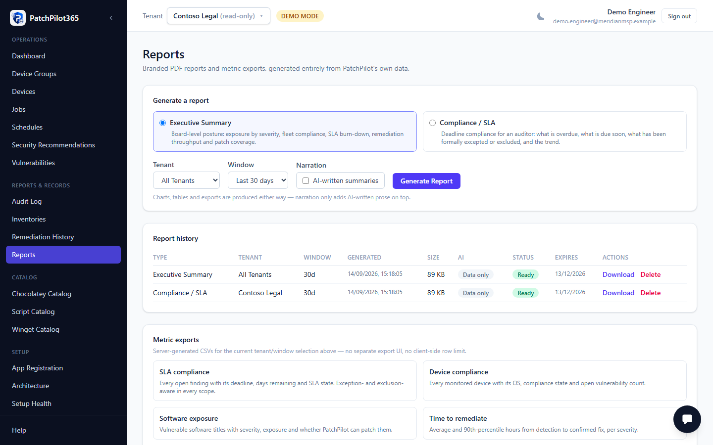 Reports page showing available report types and the AI narration toggle